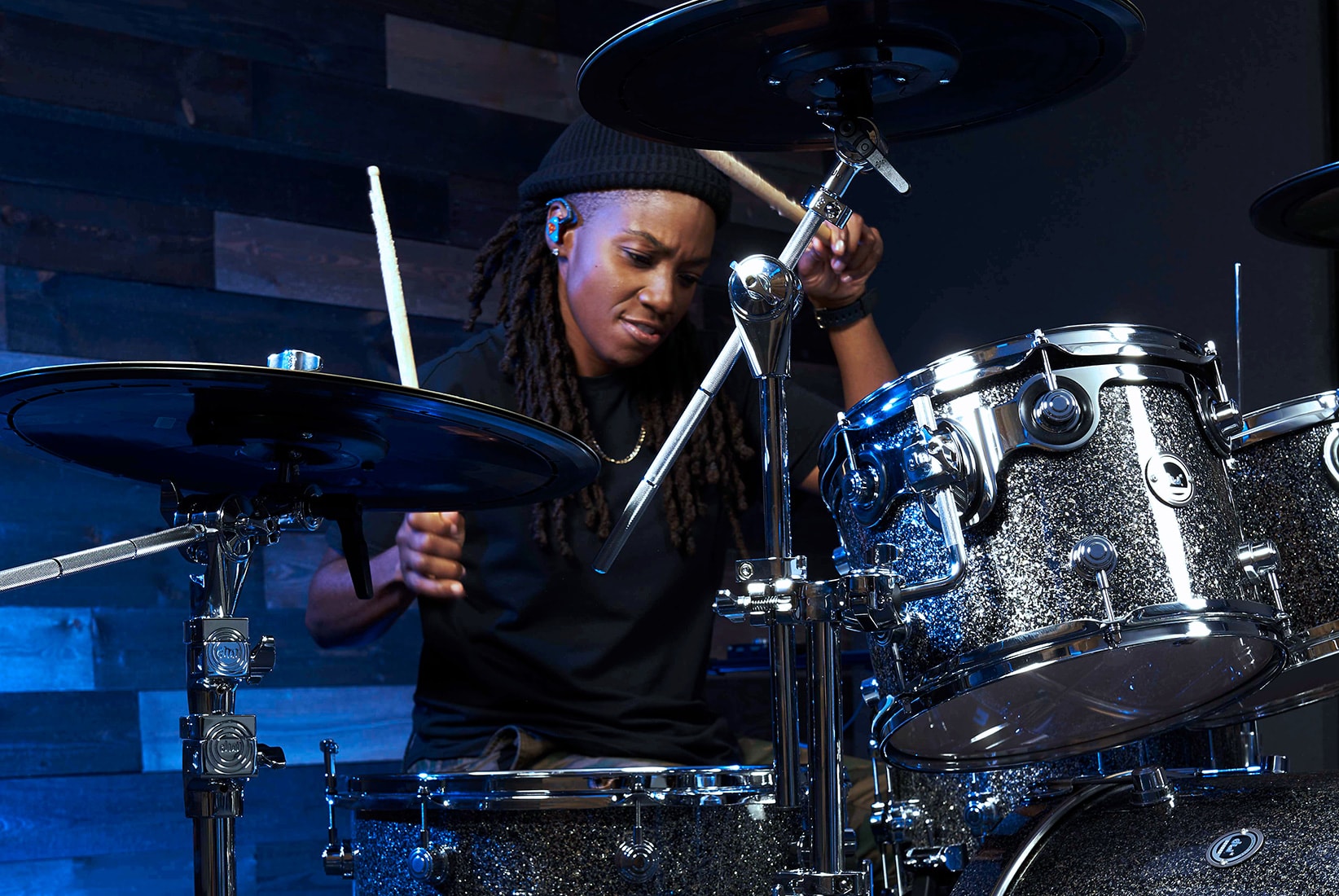 Drummer Patty Anne Miller playing DWe Drums